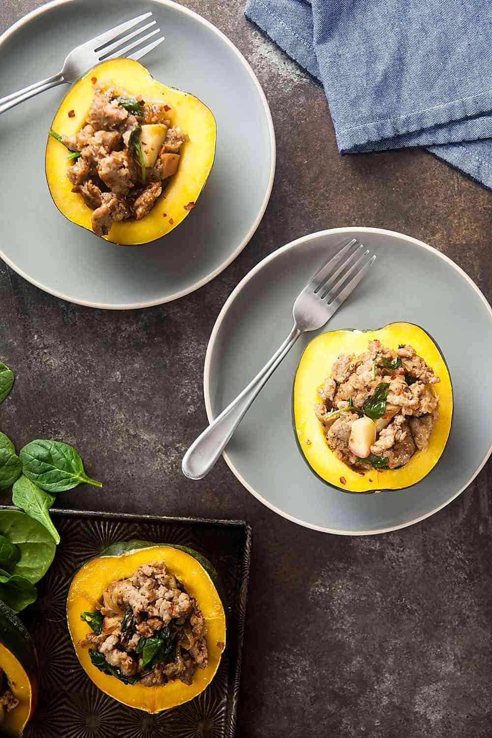 sausage stuffed spaghetti squash plated and ready to eat