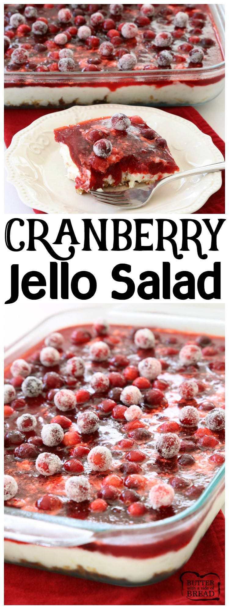 Cranberry Jello Salad made with 3 festive, delicious layers of pretzels, pudding, cranberries & Jello! Impressive, easy addition to your #holiday #dinner. #Cranberry #Jello #Salad recipe perfect for #Thanksgiving and #Christmas from Butter With A Side of Bread