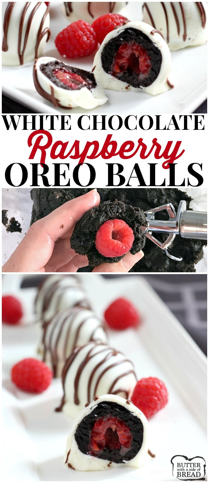 White Chocolate Raspberry Oreo Balls are a delicious no-bake treat made with Oreo cookies, cream cheese and a raspberry in the middle! The Oreo Balls are dipped in a white chocolate candy coating and coated with a chocolate drizzle. 