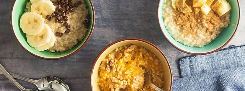 three bowls of instant pot steel cut oats with various toppings
