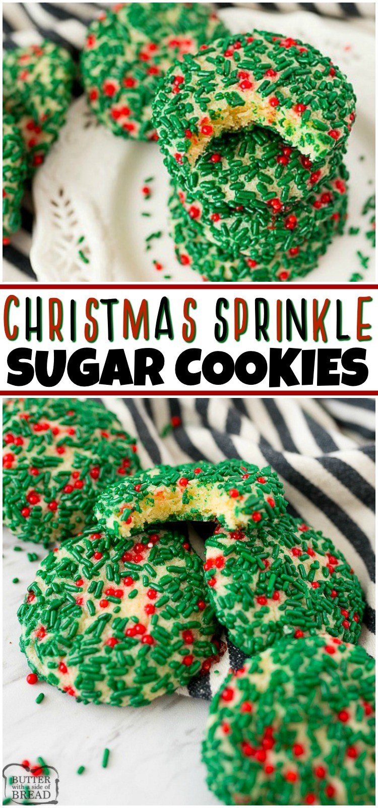Christmas Sprinkle Cookies are a soft and chewy vanilla sugar cookie covered with red and green sprinkles. Just like the sprinkle cookies made at a bakery, these Christmas Cookies are deliciously festive! #Christmas #sprinkles #sugarcookies #cookies #baking #dessert #Santa #recipe from BUTTER WITH A SIDE OF BREAD