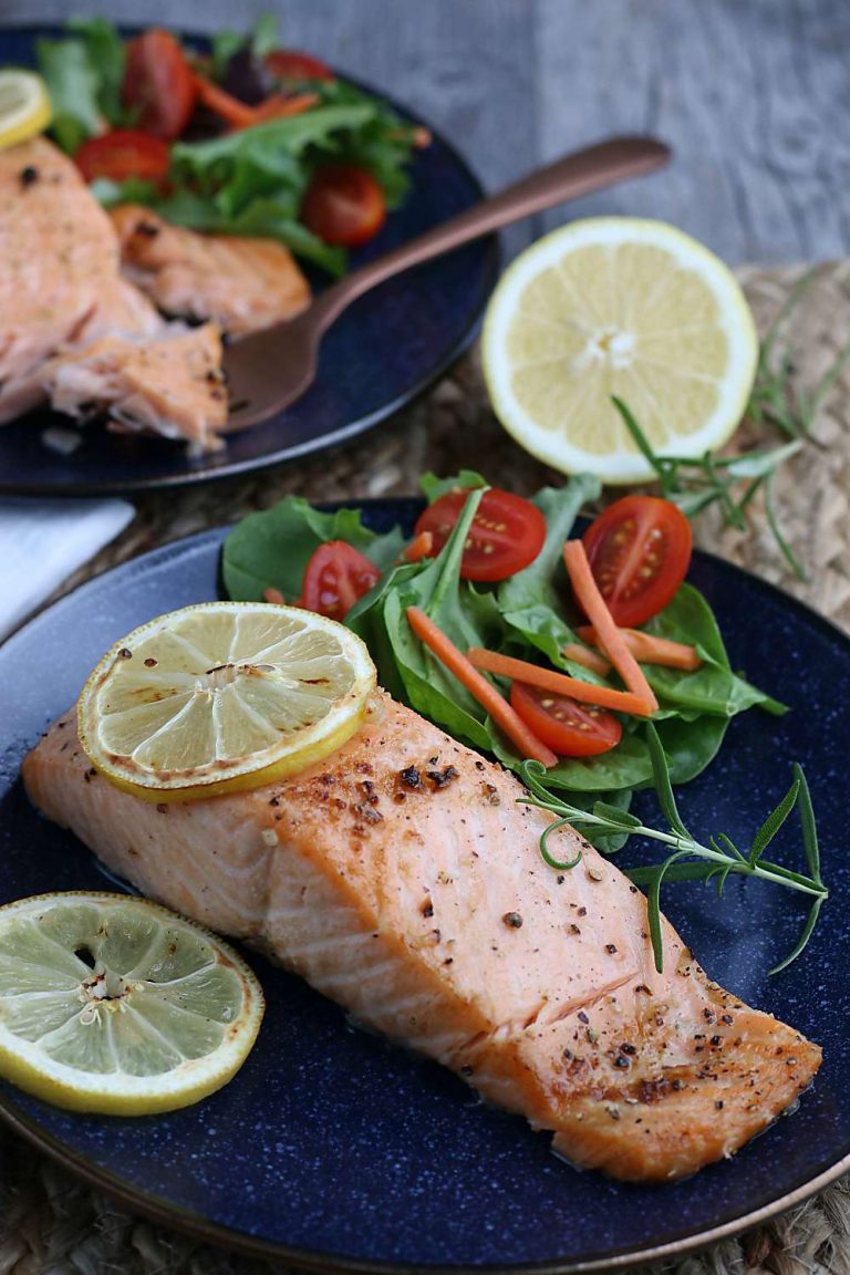 A plate of the lemon salmon finished and ready to be served. An easy air fryer salmon to enjoy! 