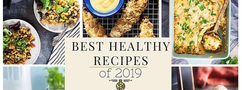 the best healthy recipes of 2019 collage with baked chicken tenders, cajun turkey casserole, dairy free horchata, and sous vide egg bites