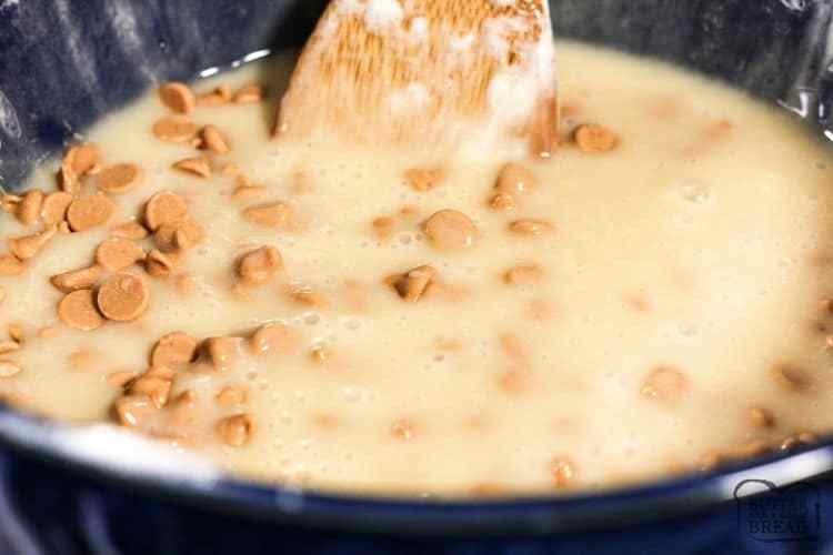 mixing sweetened condensed milk and peanut butter chips