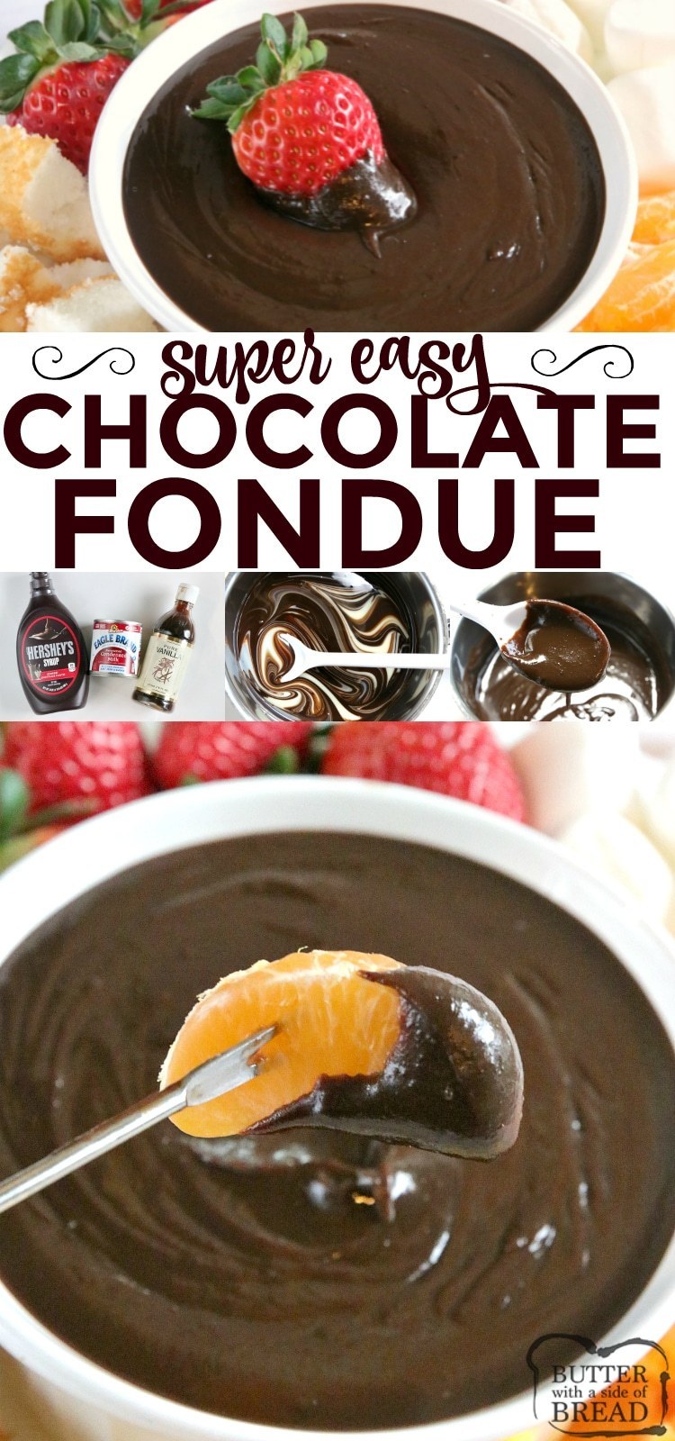 Easy Chocolate Fondue is made on the stove with only 3 ingredients and is the most delicious dessert for all occasions! This easy chocolate fondue recipe is perfect for dipping all of your favorite fruits and dippers.