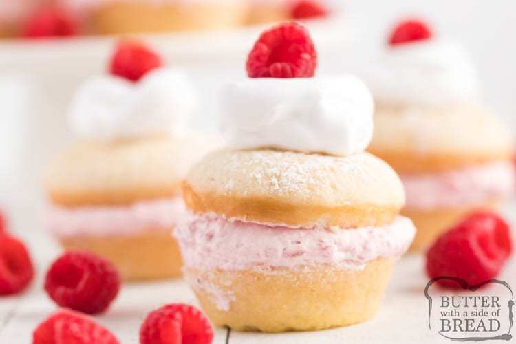 Mini Raspberry Shortcakes are made with a cake mix as the base, while the filling is made with fresh raspberries and real whipped cream. This easy shortcake recipe is absolutely delicious!