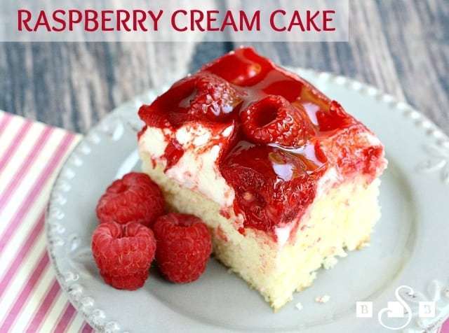 Raspberry Cream Cake begins with a white cake mix that is topped with sweet whipped cream, raspberries and danish dessert.