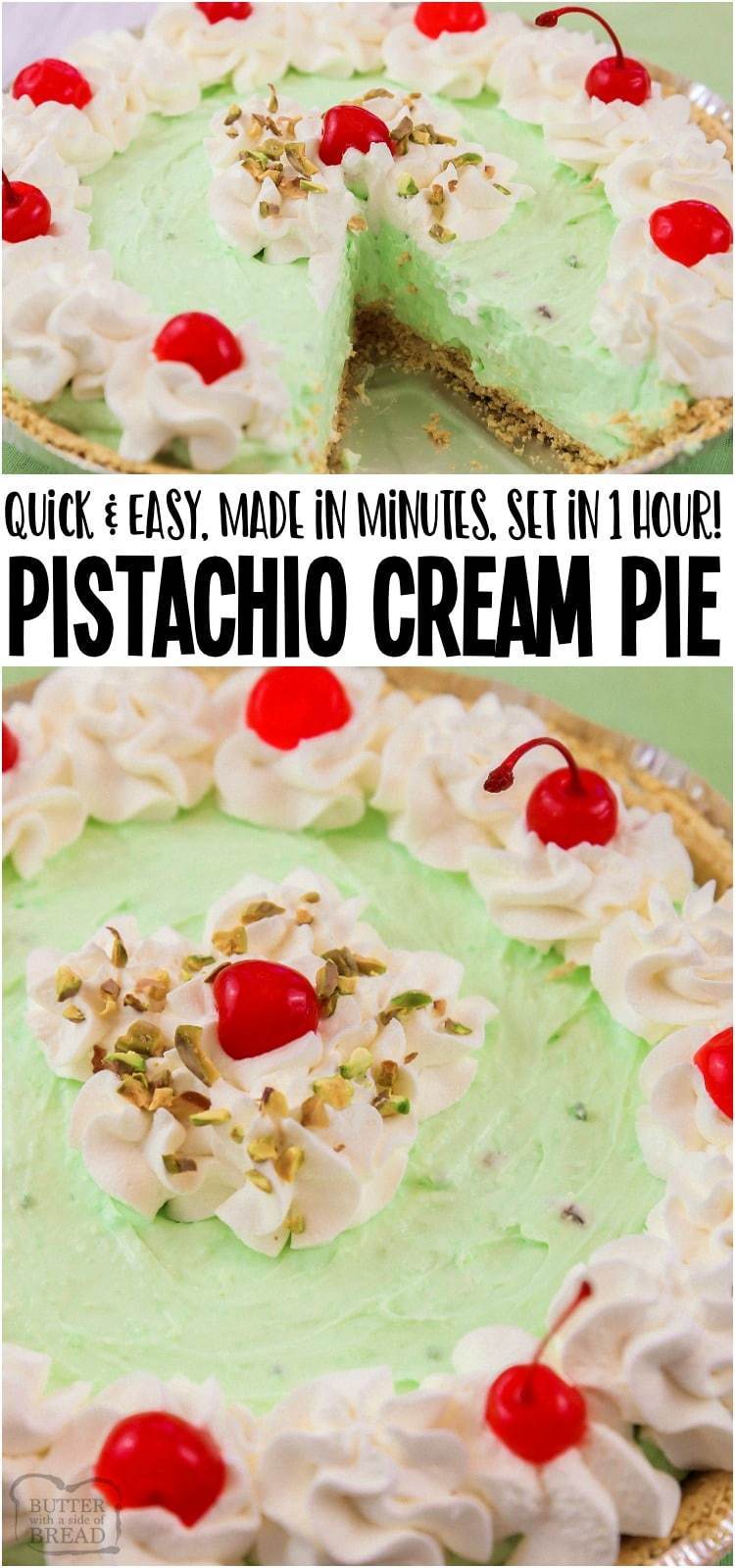 Easy Pistachio Cream Pie with just 5 ingredients and made in minutes! Ready to serve in an hour & perfectly sweet and creamy with delicious pistachio flavor. Perfect for St. Patrick's Day or anytime!