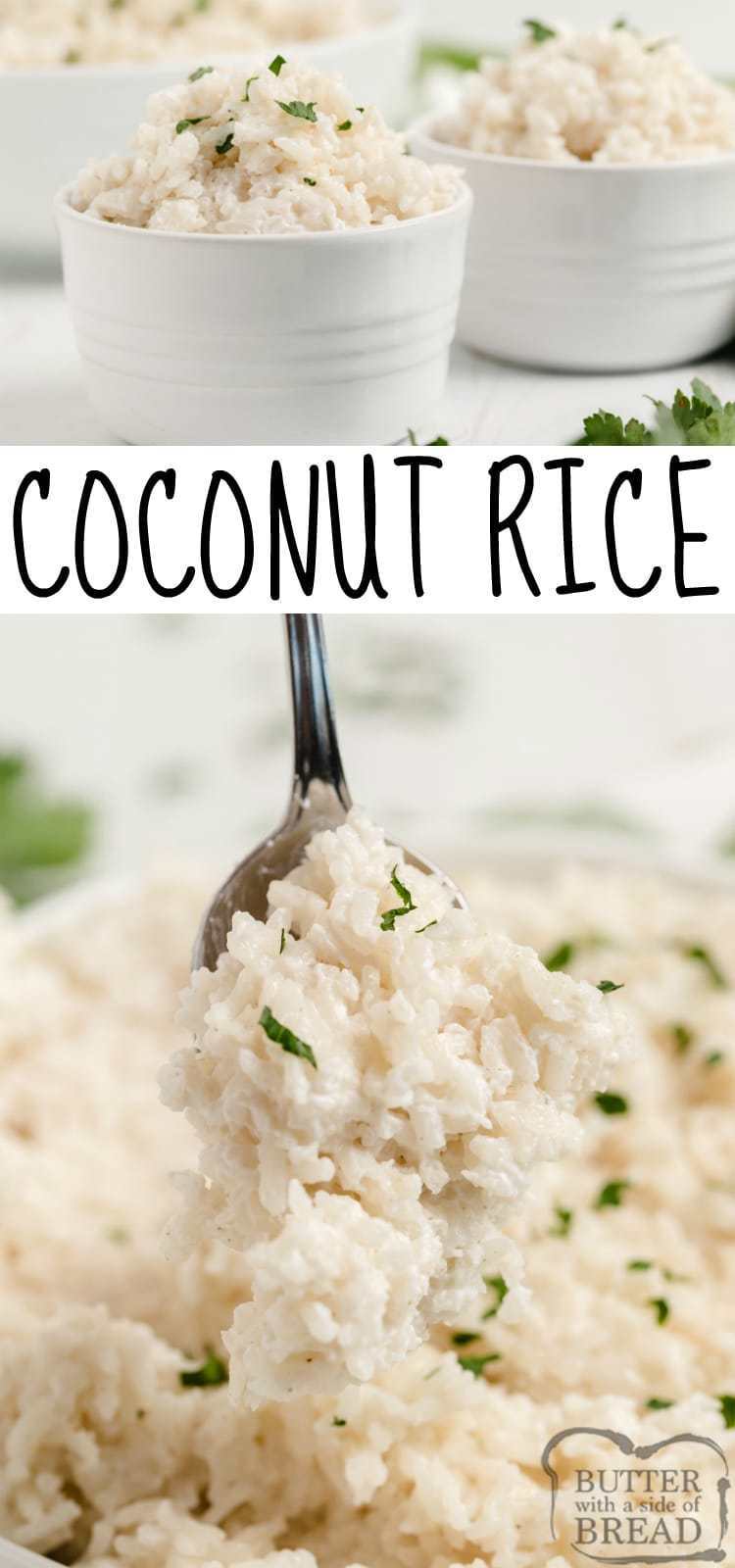 Coconut Rice is a simple side dish recipe that is slightly sweet with a subtle hint of coconut. This delicious rice recipe is easily made on the stovetop with coconut milk and a little bit of sugar. 