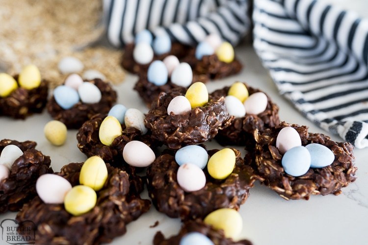 Easter Nest cookies are the perfect easy and festive dessert to make with your family! The soft chocolate no-bake oatmeal cookie is the perfect nest for your chocolate egg candies!