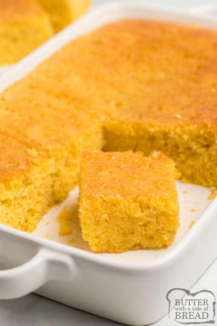 Homemade Cornbread recipe that is moist, slightly sweet and topped with a delicious honey butter. This easy cornbread recipe is made from scratch in one bowl with basic ingredients and it turns out perfectly every time.