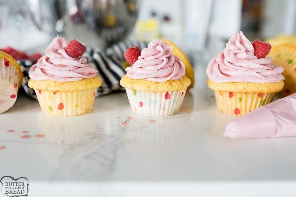 raspberry frosting on lemon cupcakes