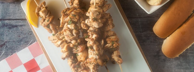 New York-style chicken spiedies with homemade marinade full of garlic and lemon. Instructions for making these delicious skewers on the grill or inside on the stovetop! via @HealthyDelish