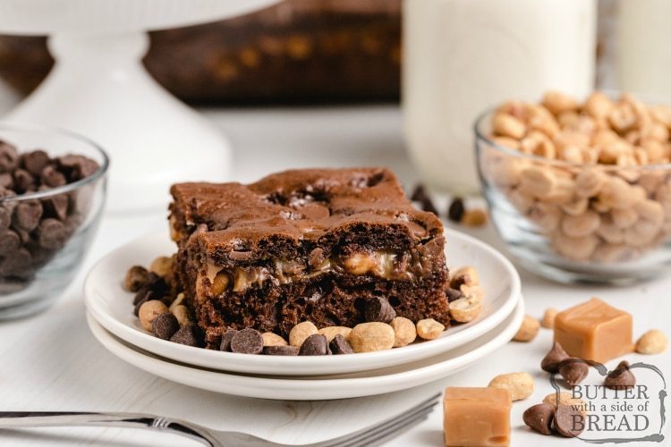 Chocolate cake with a caramel layer with peanuts and milk chocolate chips