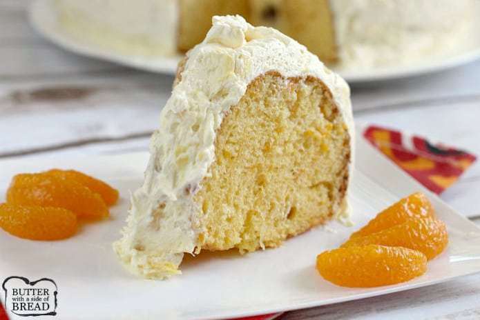 Mandarin Orange Cake with Pineapple Frosting - a light, refreshing cake that begins with a cake mix and only requires a few basic ingredients to make. Use canned oranges in the cake and canned pineapple in the frosting for a yummy, fruity dessert! 