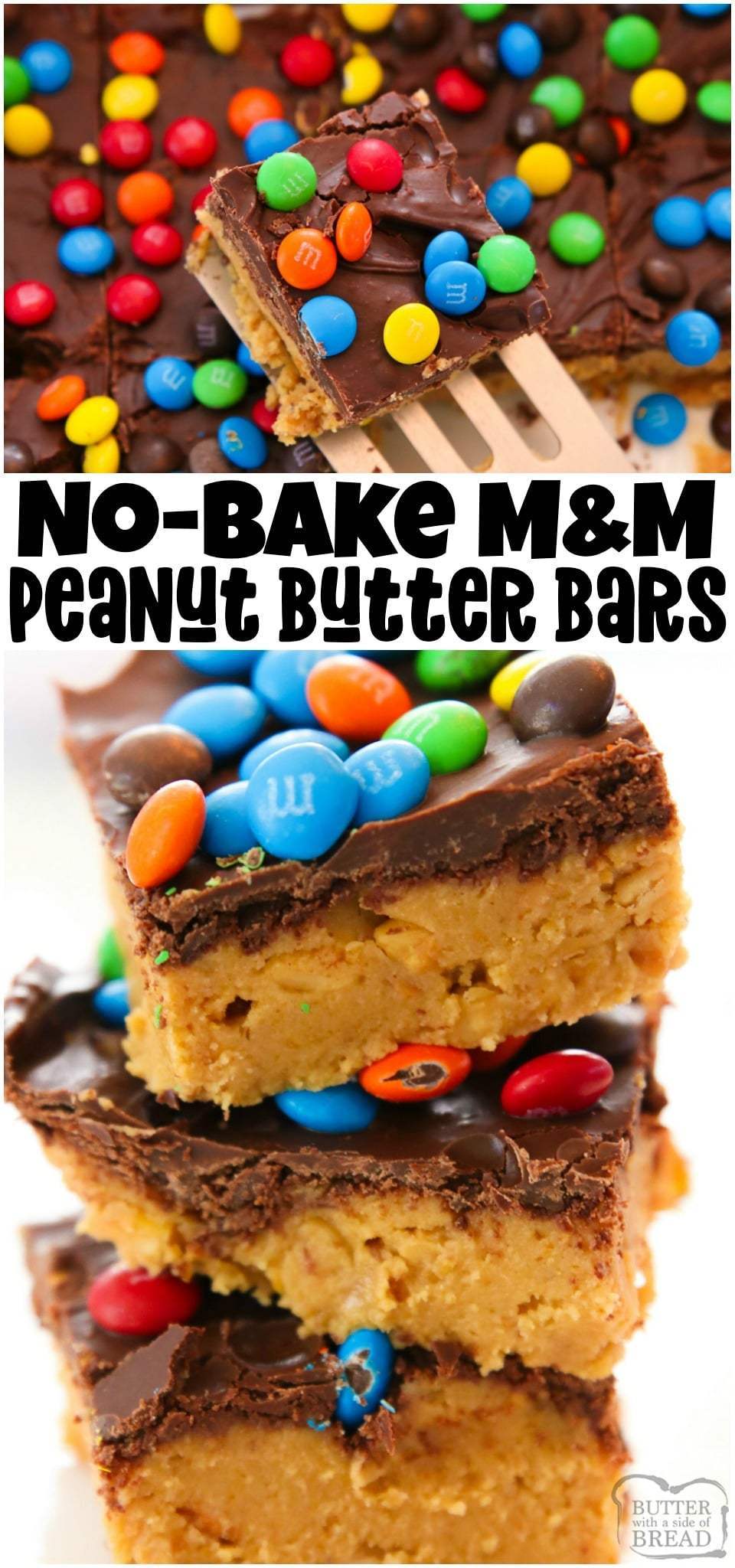 No Bake M&M Peanut Butter Bars are the perfect no-bake dessert to make this summer! Graham cracker crumbs, peanut butter and both chocolate chips and M&M's combine in this sweet and salty treat.