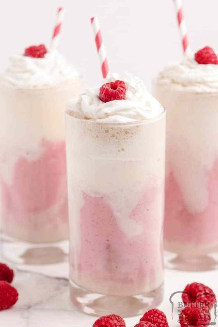Raspberry Cheesecake Shakes are made with frozen raspberries, cream cheese, ice cream and cream soda. This easy milkshake recipe is so simple to make and is absolutely delicious, especially on really hot summer days!