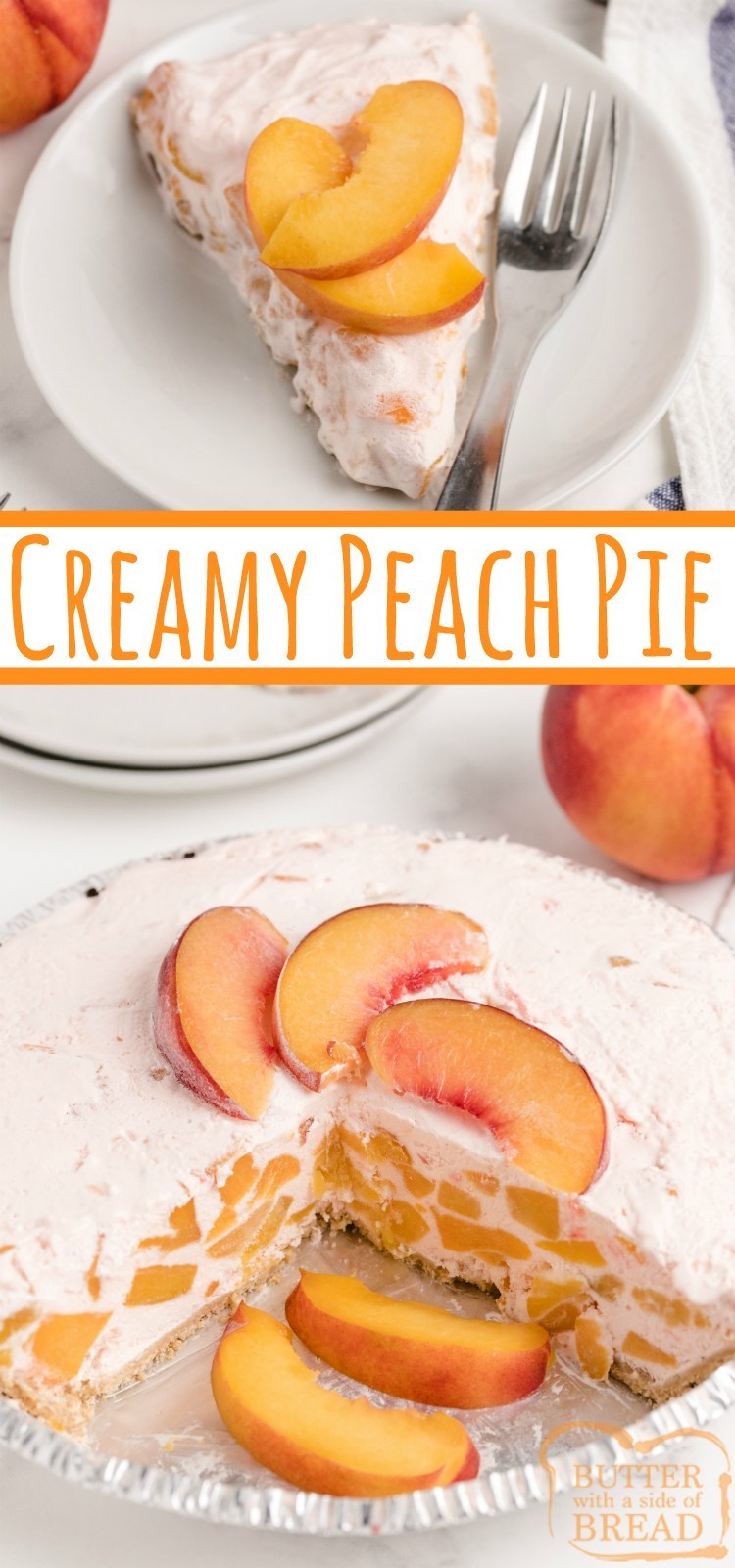Creamy Peach Pie is made with only 5 ingredients in less than five minutes! Peach Jell-O, vanilla ice cream and fresh peaches are combined into a delicious, no-bake pie recipe!