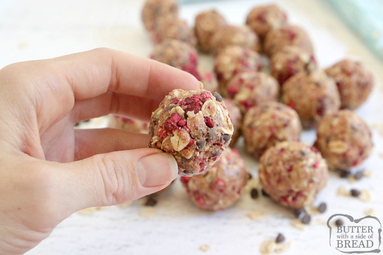 Protein ball made with freeze dried raspberries and chocolate chips