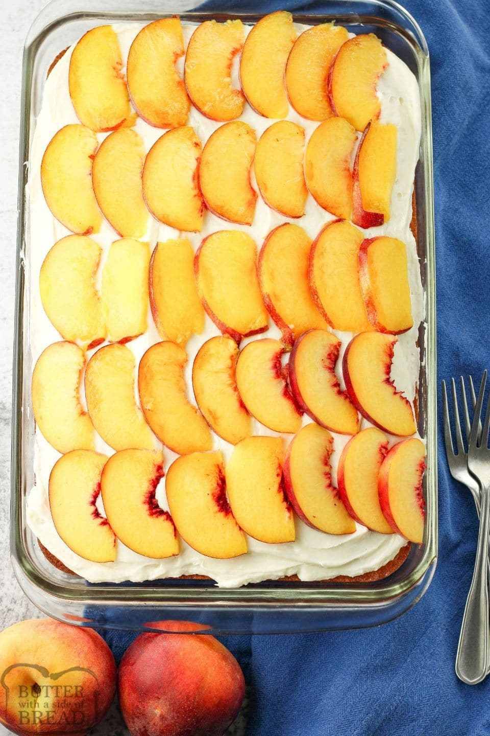 peach cake covered with sliced peaches