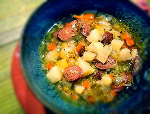 A bowl of Irish potato and sausage soup.