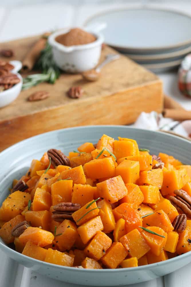 closeup view of roasted squash in a bowl