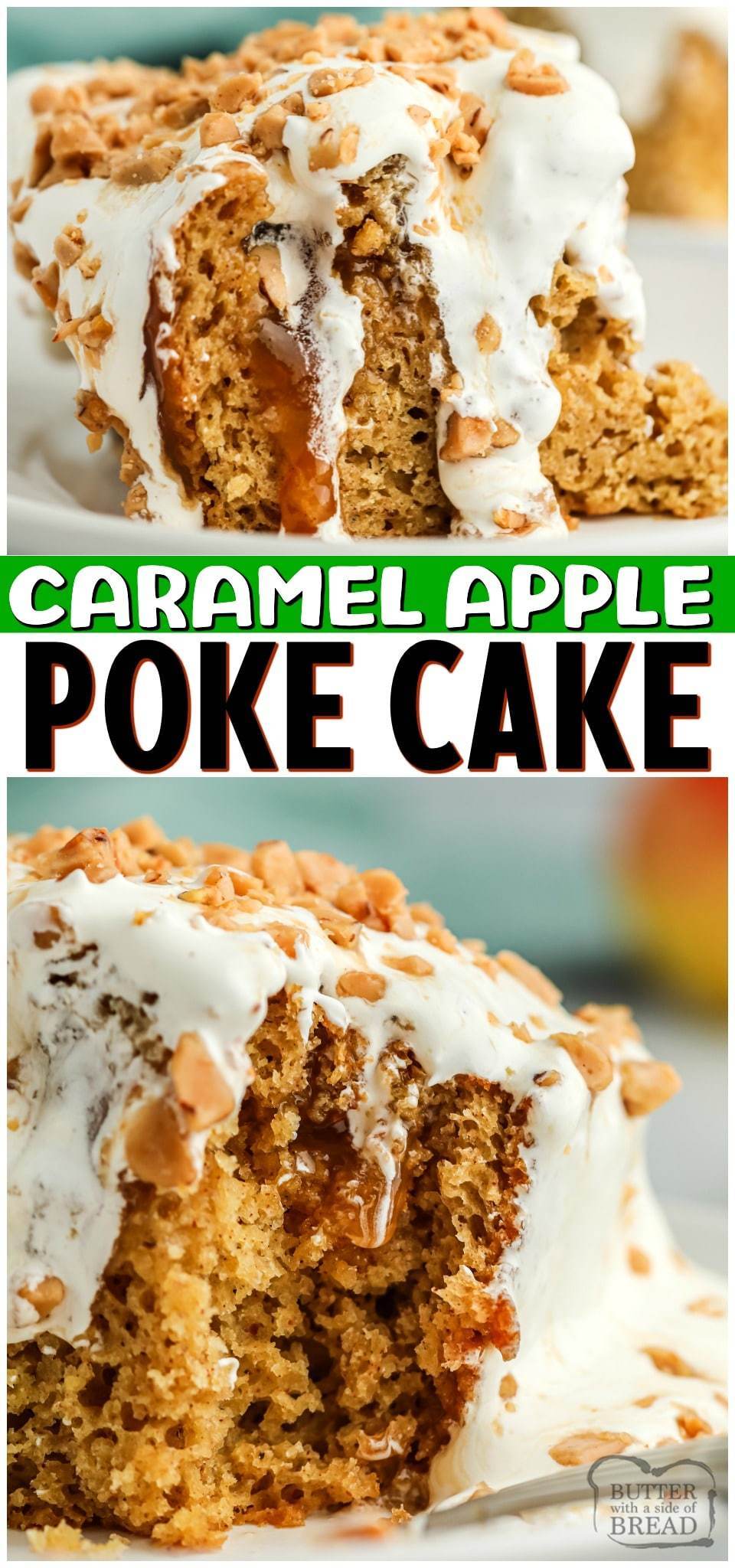Caramel Apple Poke Cake made with spiced cake mix, applesauce and topped with caramel, sweet cream & toffee! Perfect poke cake recipe for Fall!