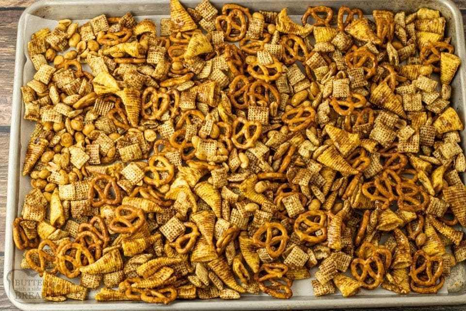 chex mix on a baking sheet