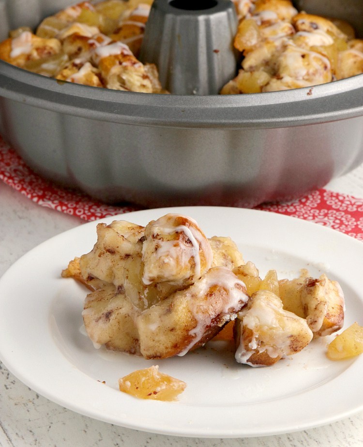 Apple Cinnamon Monkey Bread made with apple pie filling and pre-made cinnamon rolls. Only two ingredients for delicious cinnamon rolls with lots of apple flavor! 