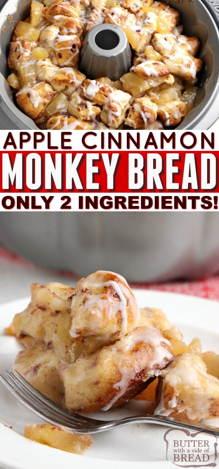 Apple Cinnamon Monkey Bread made with apple pie filling and pre-made cinnamon rolls. Only two ingredients for delicious cinnamon rolls with lots of apple flavor! 
