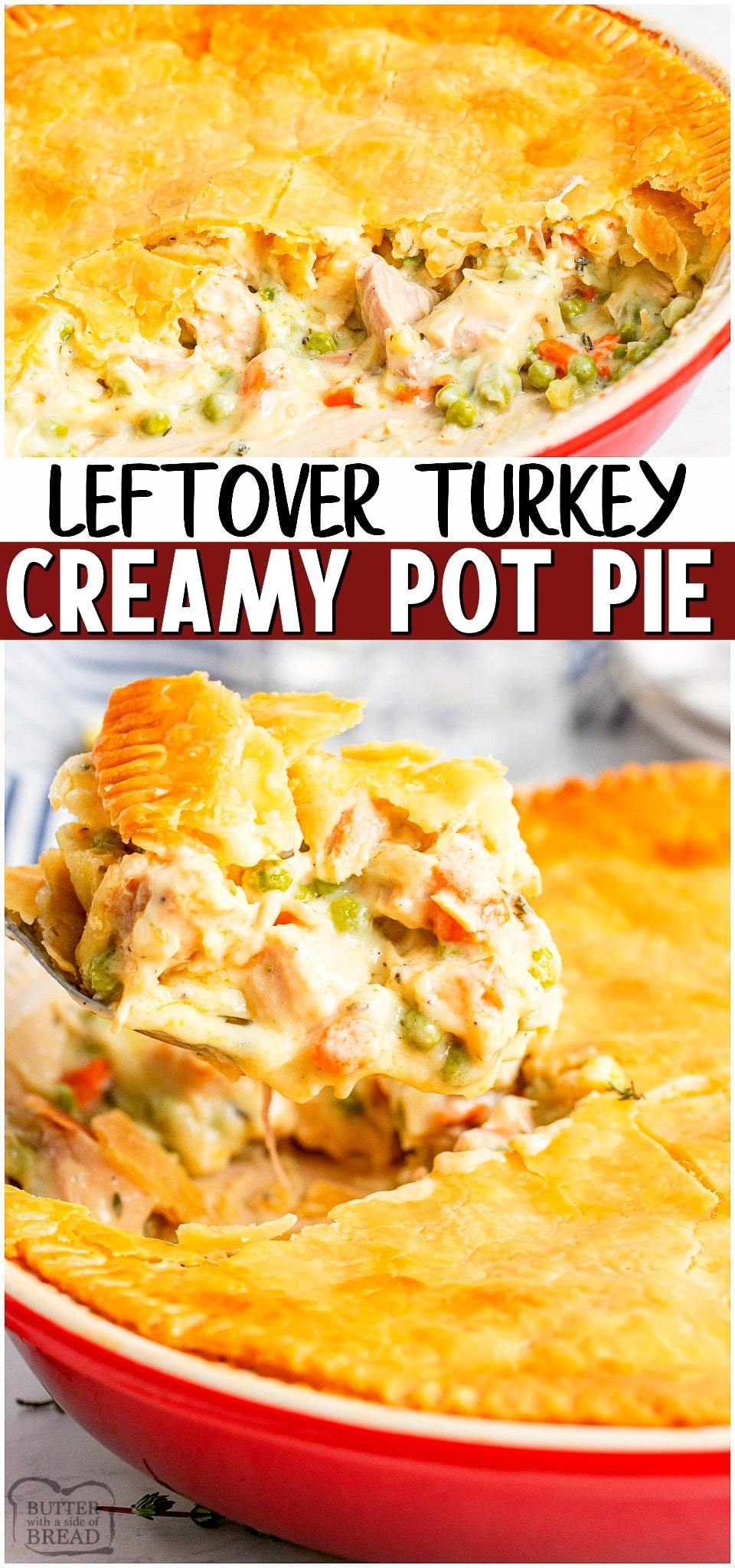 Turkey pot pie made with tender bits of turkey & vegetables in a creamy gravy topped with a crisp golden pie crust. Easy comfort food recipe to make that's perfect for using up leftover turkey!