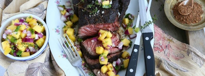 Coffee Rubbed Chuck Eye Steak with Mango Salsa / Tomahawk with Lime Cilantro Butter