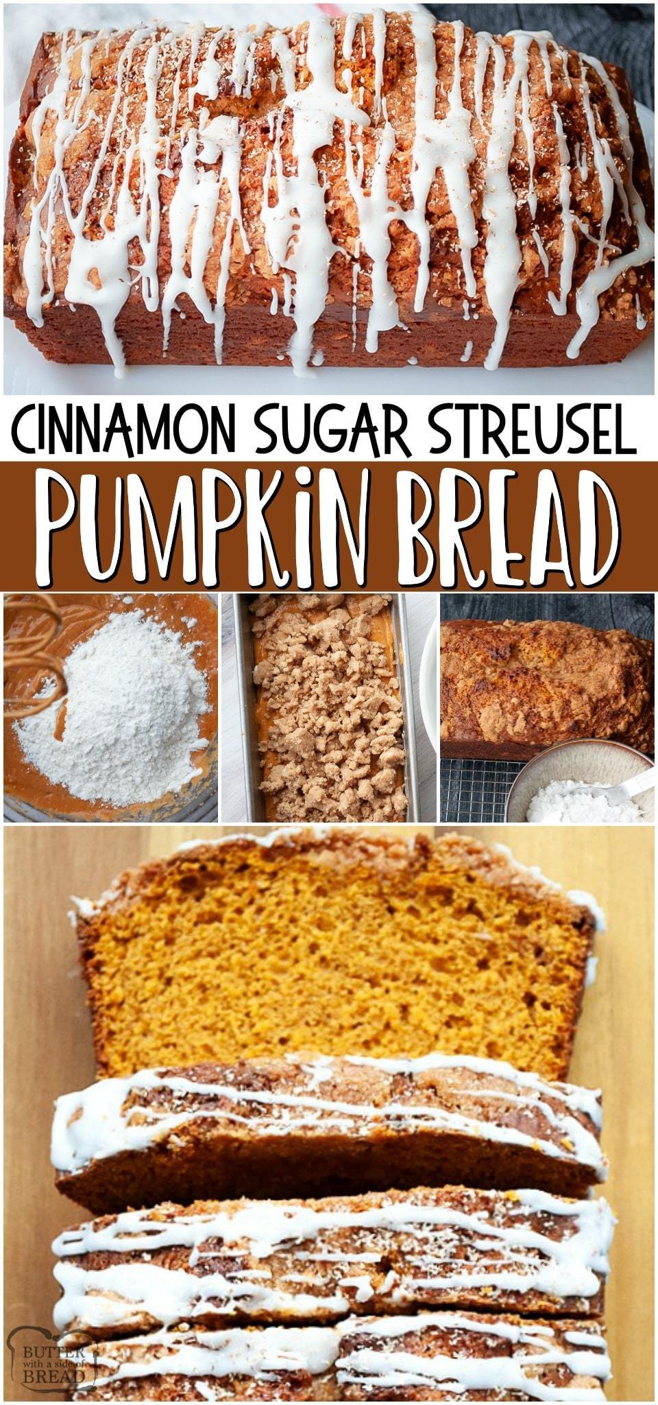 Pumpkin bread with streusel topping ~ classic pumpkin quick bread recipe made with pumpkin, brown sugar, spices & more. Moist pumpkin bread with cinnamon sugar topping and a simple glaze, this bread is a perfect snack or treat.