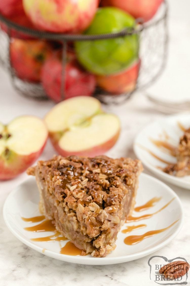Slice of apple pie with crunchy oat topping