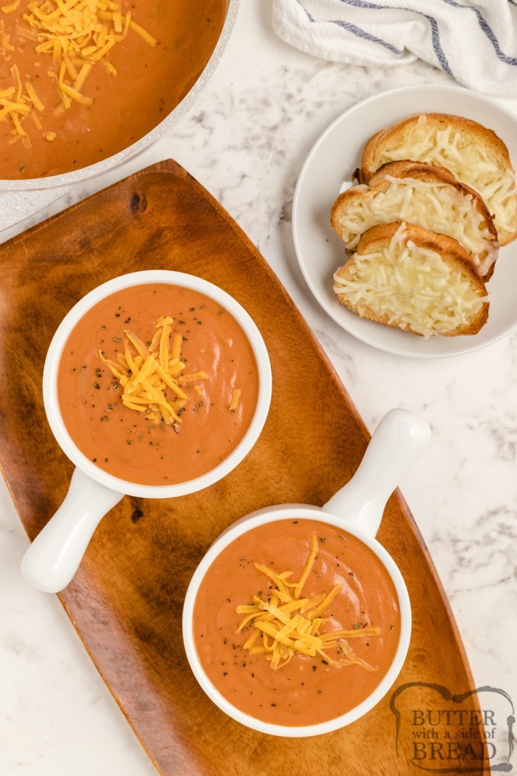 Tomato soup made with stewed tomatoes and melted cheese