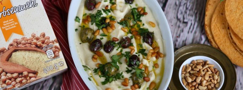 Chickpea Flour Hummus with Olives and Pine Nuts