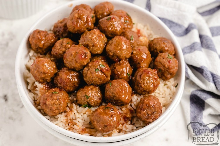 Cranberry meatball recipe made in a slow cooker and served with rice