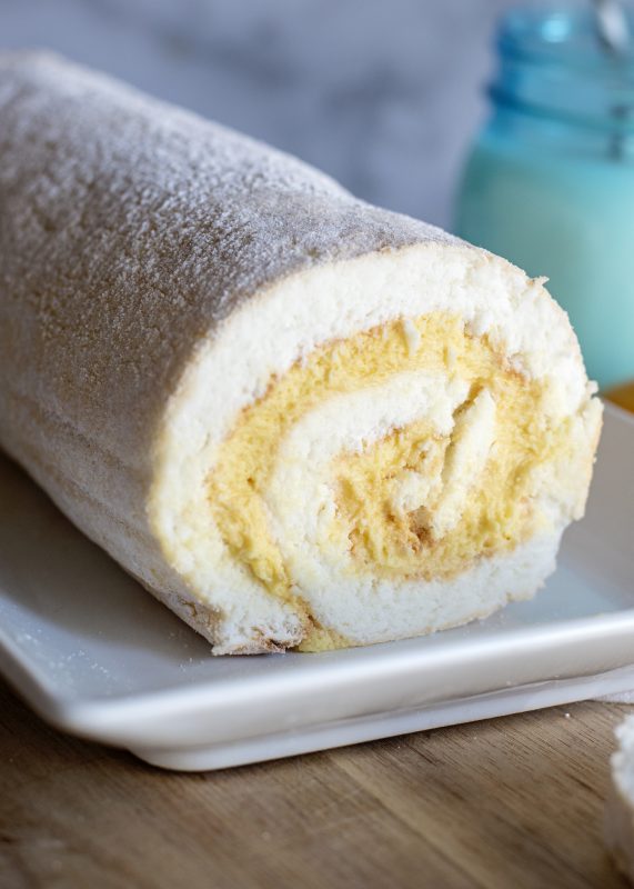 roll up the angel food cake with lemon filling