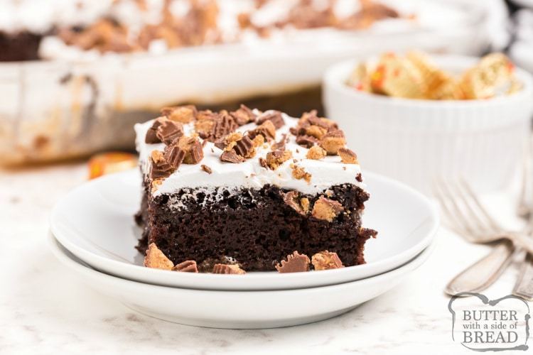 Chocolate Caramel Peanut Butter Poke Cake made with a cake mix, chopped Reese's peanut butter cups and a delicious homemade peanut butter caramel sauce. Decadent but easy chocolate cake recipe! 