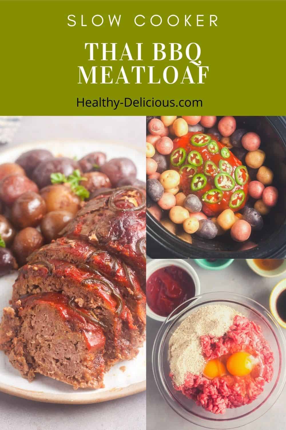 This slow cooker meatloaf and potatoes recipe is glazed with a delicious Thai-inspired barbecue sauce that's perfectly tangy and just a little bit spicy. Just one bite will leave you craving more. The leftovers are even better the next day, so this recipe is perfect for meal prep! via @HealthyDelish