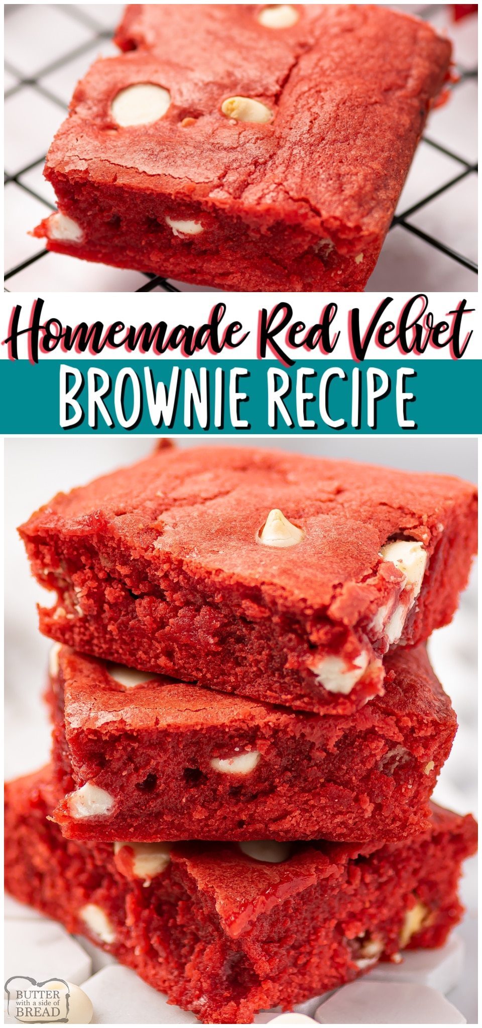 Red velvet brownies are a rich, chocolaty brownie with red velvet color, scattered with chocolate chips. Homemade Red Velvet Brownies perfect for Valentine's day!