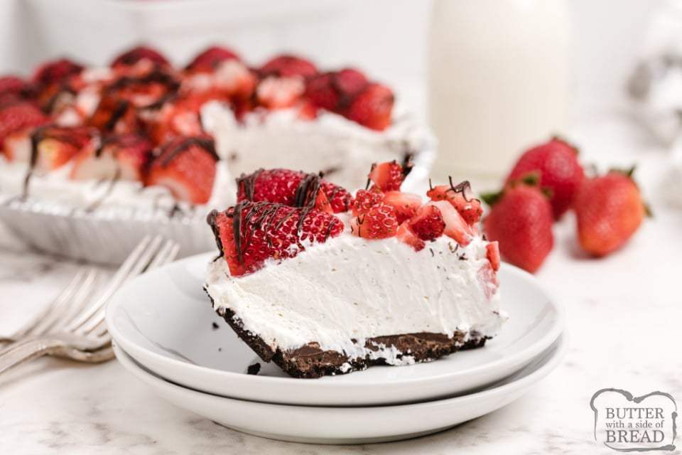 Slice of no-bake strawberry and cream pie