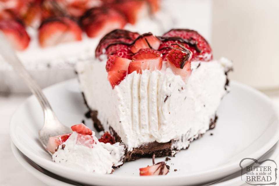 Bite of no-bake strawberry pie with creamy filling