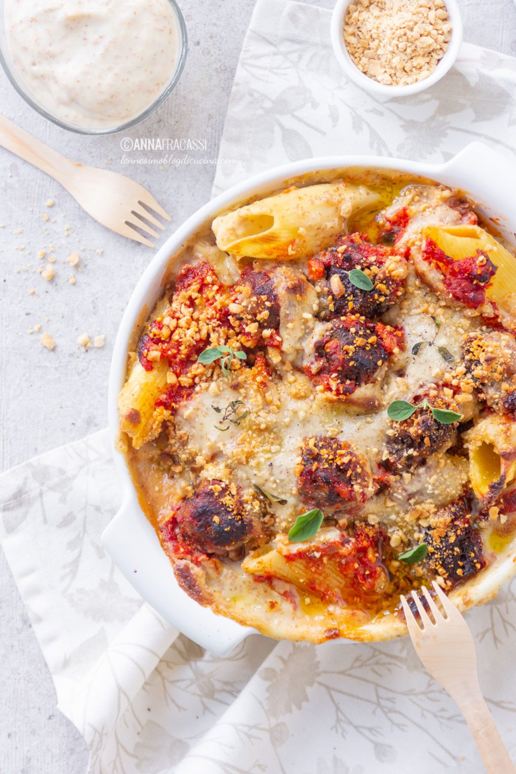 Vegan baked pasta with lentil meatballs