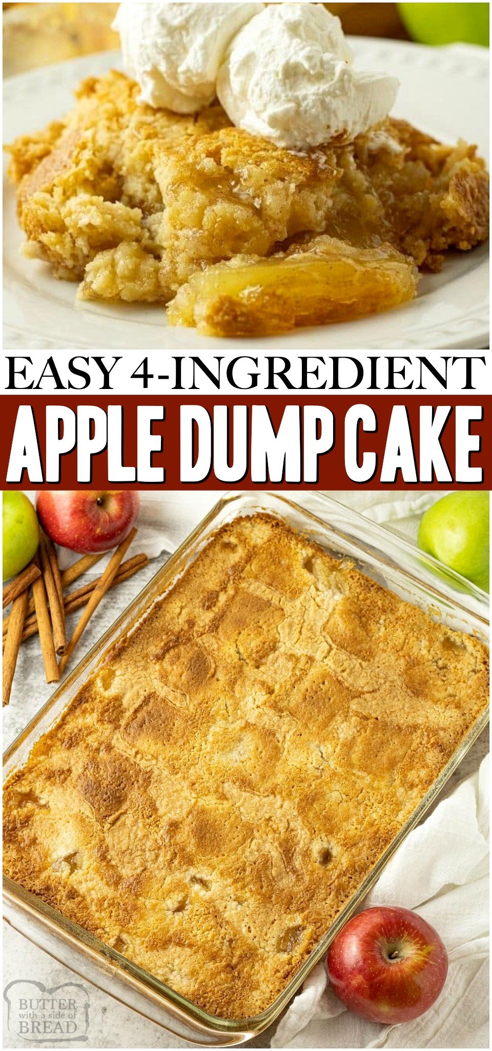 Easy Apple Dump Cake recipe with just 4 simple pantry ingredients! Cake mix & apple pie filling transform into a delicious apple dessert perfect for any occasion. #cake #apples #dumpcake #applecinnamon #butter #dessert #baking #recipe from BUTTER WITH A SIDE OF BREAD