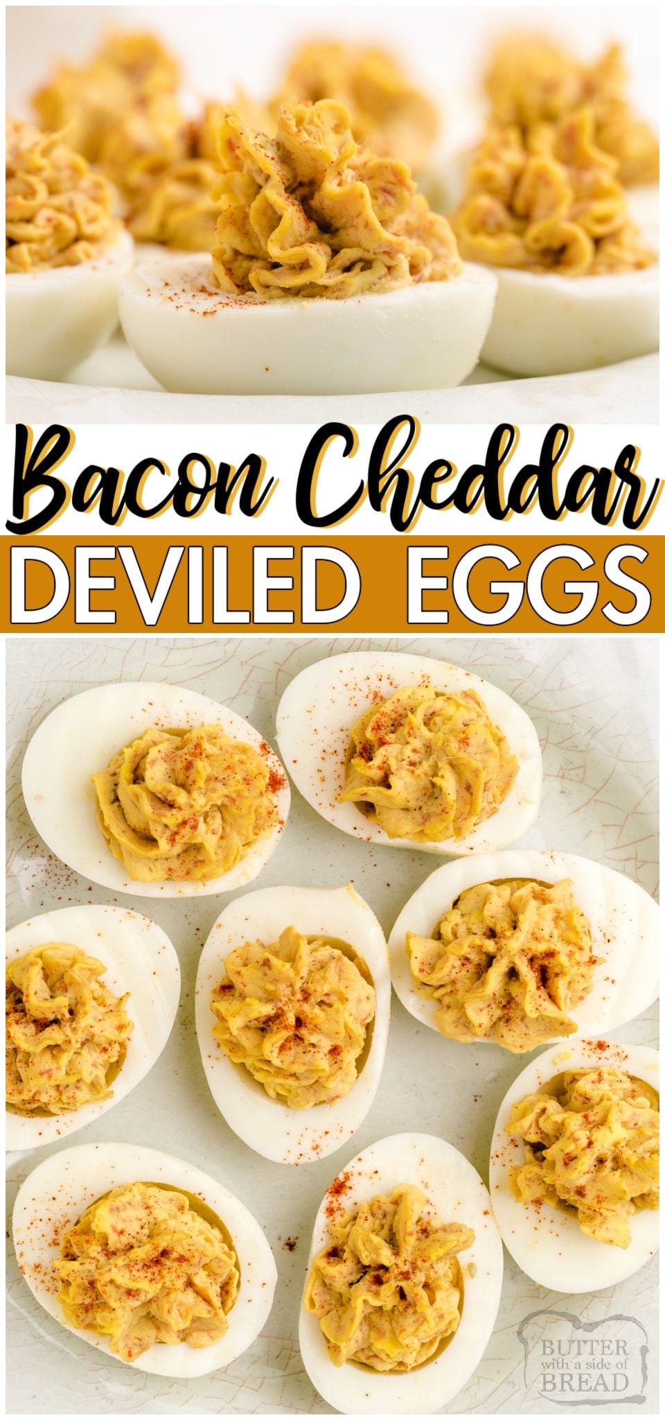 Bacon cheddar deviled eggs is a delicious twist on a classic! Traditional Deviled Eggs recipe with the addition of bacon and cheddar cheese for a fantastic savory appetizer. #eggs #appetizer #deviled #bacon #cheddar #cheese #easyrecipe from BUTTER WITH A SIDE OF BREAD