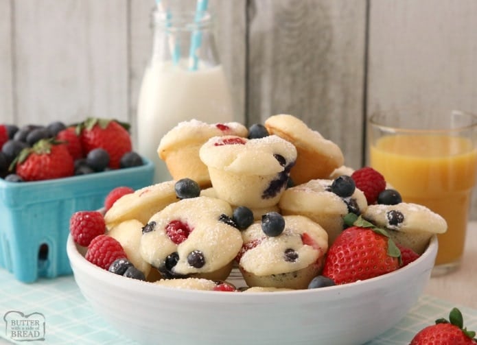 Berry Protein Pancake Bites made easy by baking protein pancake batter in the oven with fresh blueberries, raspberries and strawberries. Dust with powdered sugar or drizzle with syrup for a delicious, satisfying breakfast.