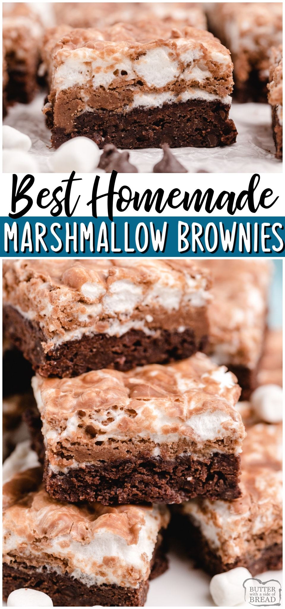 Homemade Marshmallow Brownies are fudgy, chocolaty brownies with a melted marshmallow topping! Perfect from scratch brownie recipe for anyone who loves chocolate & marshmallows! #brownies #chocolate #baking #marshmallows #dessert #easyrecipe from BUTTER WITH A SIDE OF BREAD