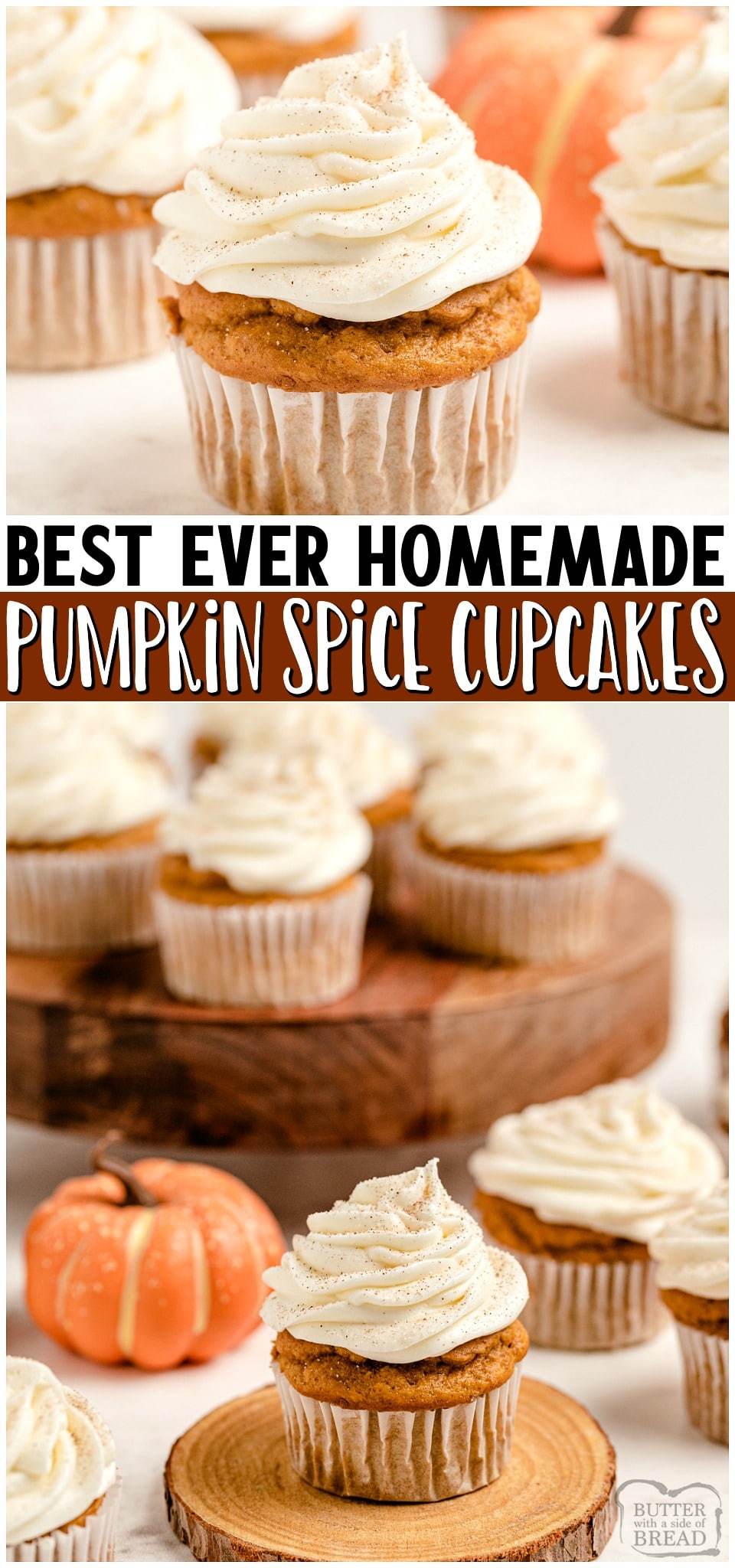 Pumpkin Spice Cupcakes with Cream Cheese Frosting are the perfect little treats for celebrating Fall! Easy recipe that starts with yellow cake mix and yields soft, moist perfectly spiced pumpkin cupcakes! #cupcakes #pumpkin #pumpkinspice #psl #baking #dessert #easyrecipe from BUTTER WITH A SIDE OF BREAD