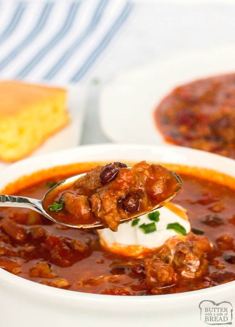 Crockpot Chili recipe made with beef, pork and bacon and has a fantastic bold flavor. This 3 meat slow cooker chili is the best chili recipe for cool nights, tailgating, or both. 
